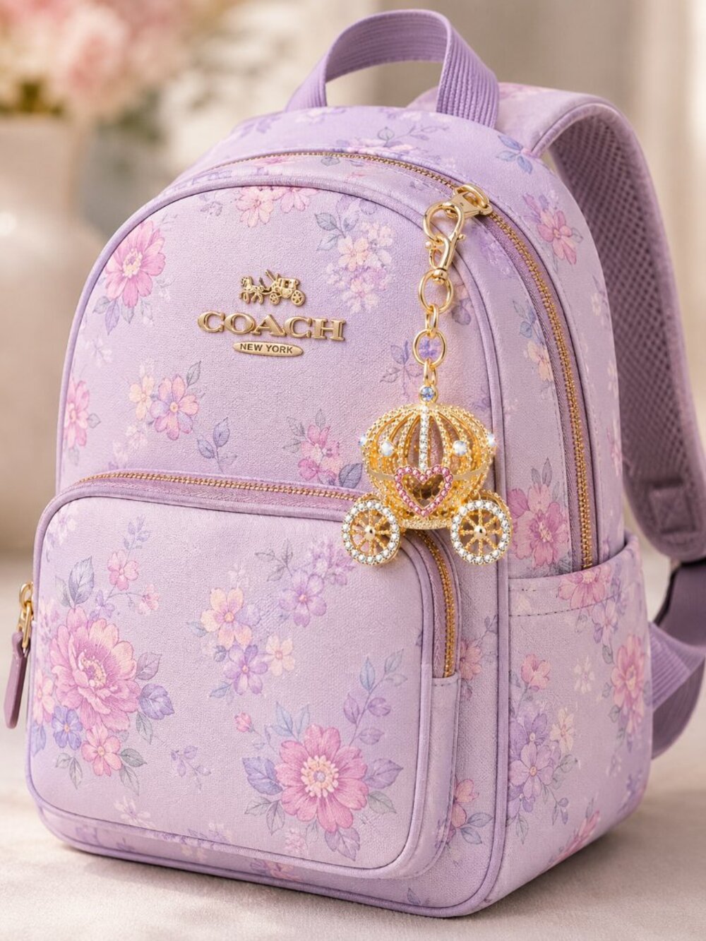 Princess Fairytale Carriage Pink Crystal Keychain Bag Charm - Picture 2 of 7